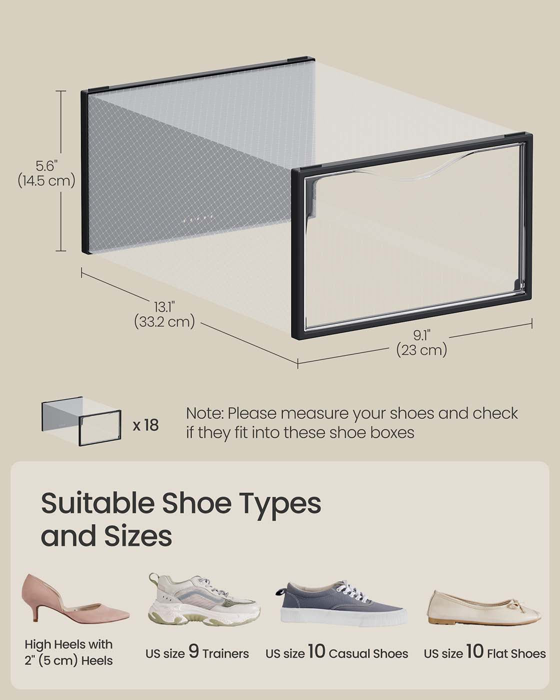 Stackable Shoe Boxes, Set of 18 Plastic Shoe Organizers with Door
