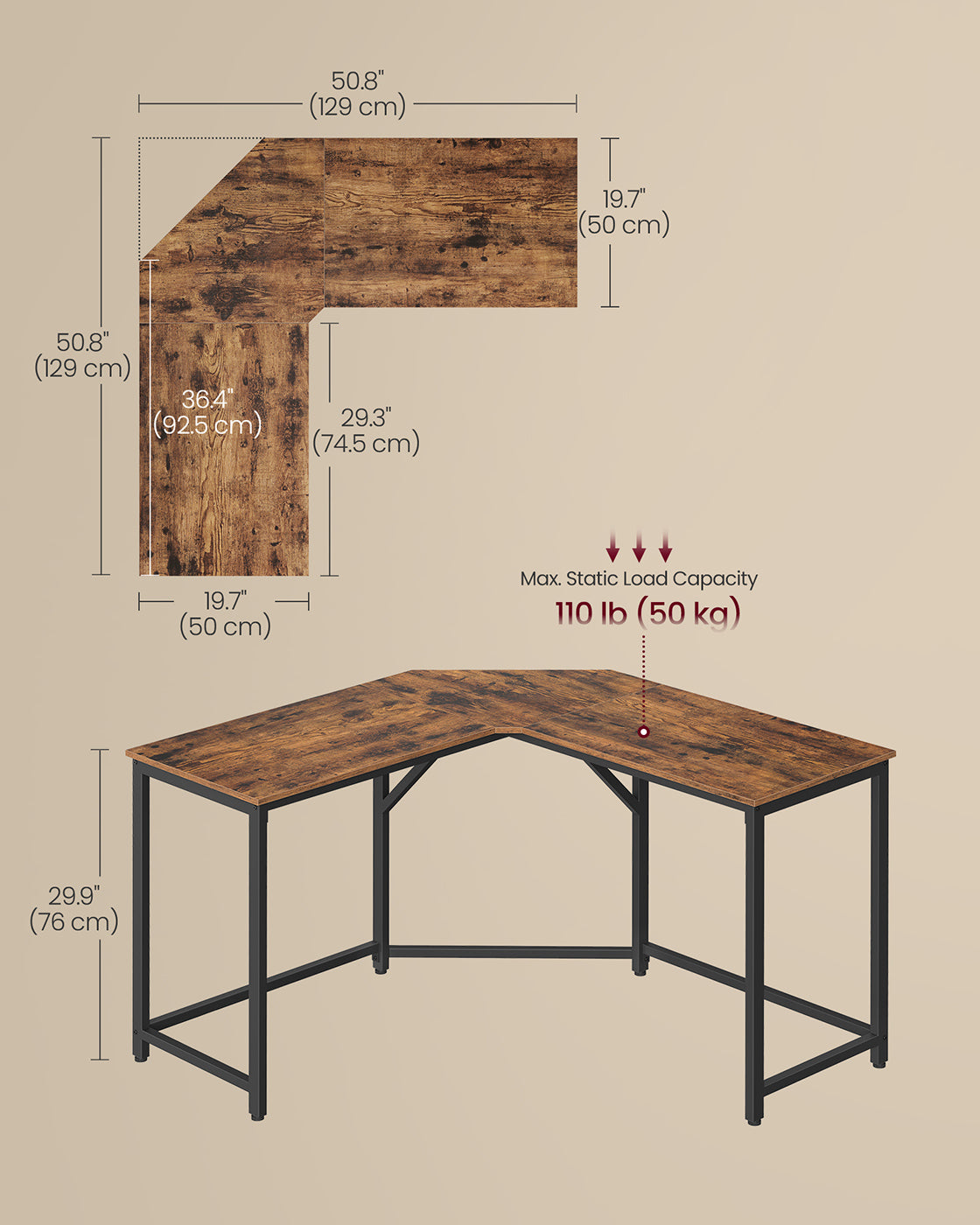Computer Desk L-Shaped 129 x 129 x 76 cm Rustic Brown and Ink Black - image 6