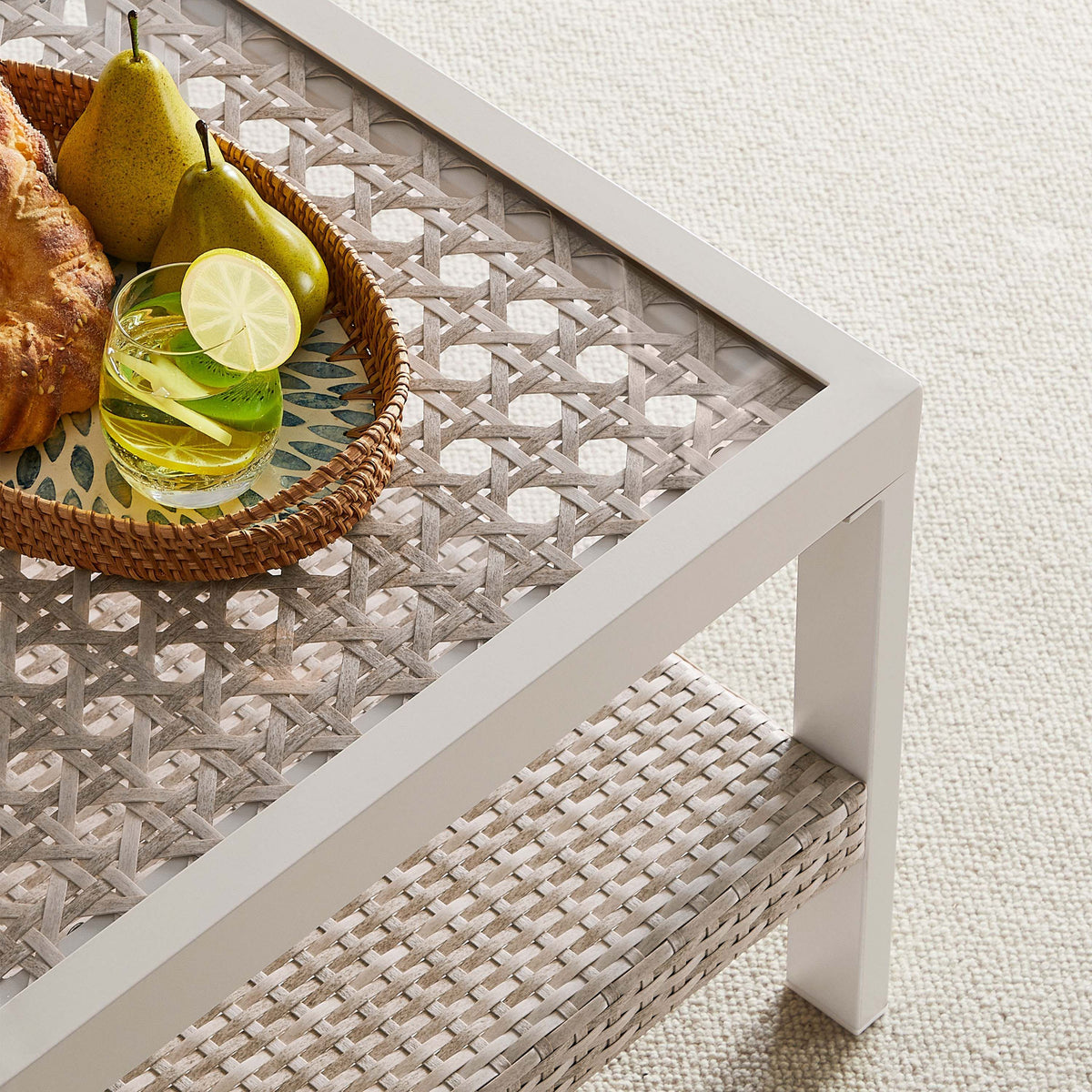 Sencillo Collection - Outdoor Steel Glass Side Table, Bone Color