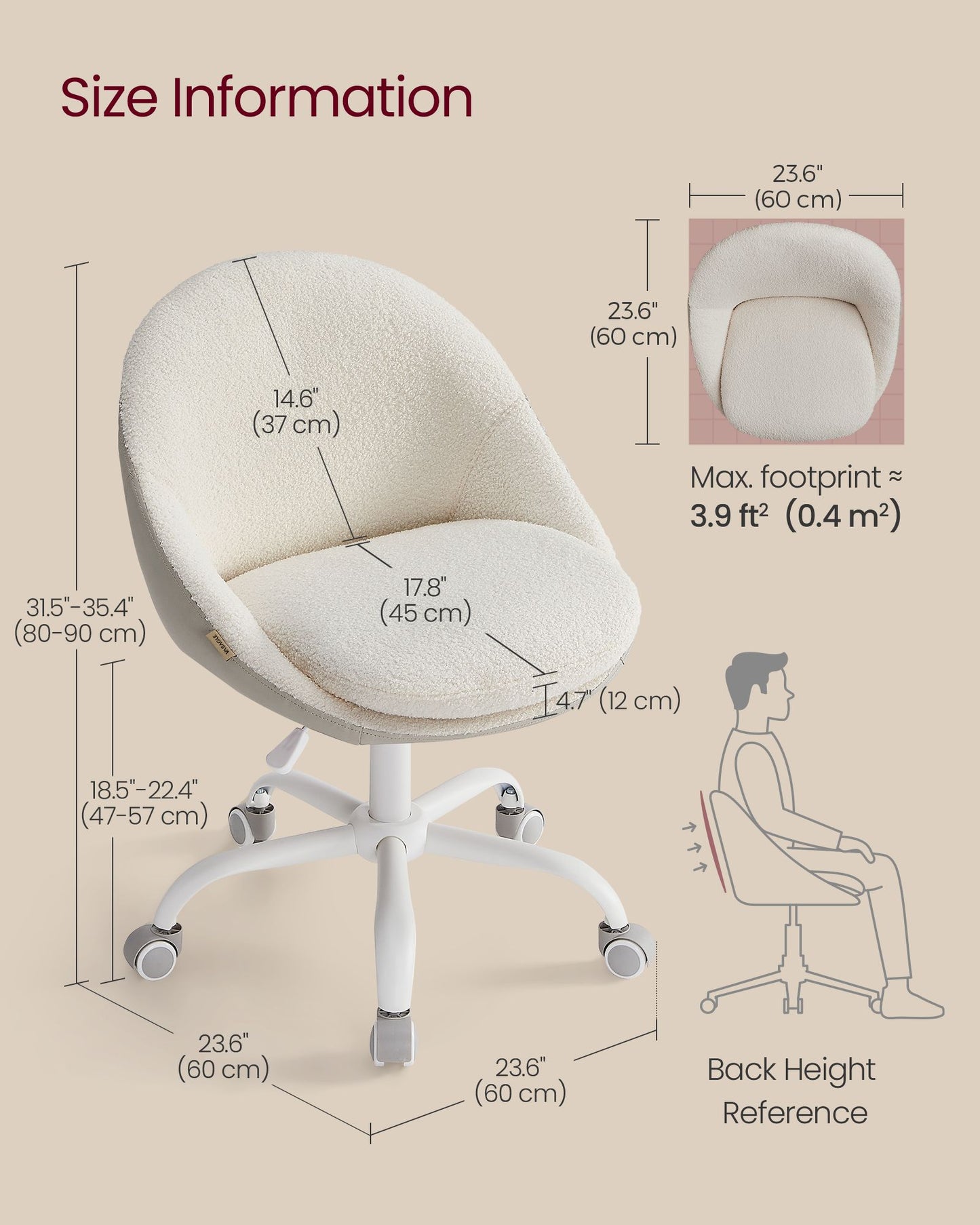 Swivel vanity chair with back and wheels in sherpa and synthetic leather