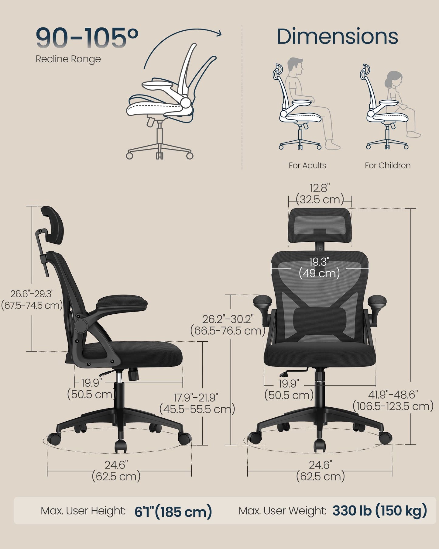 Ergonomic Mesh Desk Chair with Flip-Up Armrests and Headrest, Computer Office Chair in Ink Black - image 4