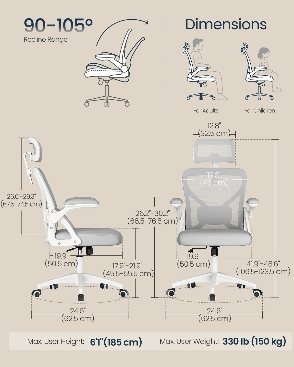 Ergonomic Mesh Desk Chair with Flip-Up Armrests and Headrest, Computer Office Chair in Dove Gray - image 4