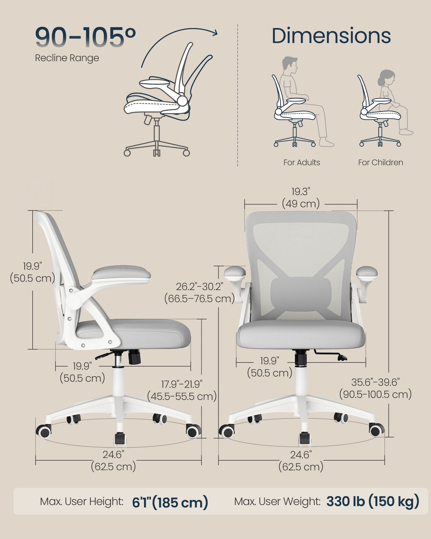 Ergonomic Mesh Desk Chair with Flip-Up Armrests, Computer Office Chair in Dove Gray - image 4