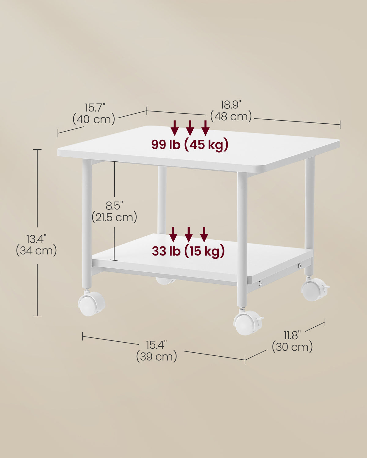 Printer Stand with Locking Wheels, 2-Tier Shelf, White