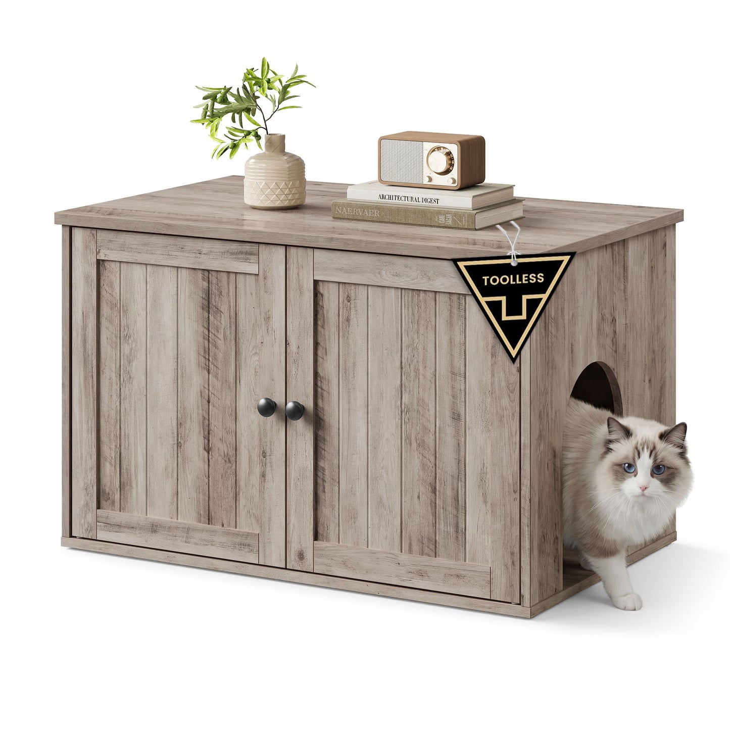 Litter Box Enclosure, Superfast Toolless Assembly, Cat Litter Box Furniture, Push-to-Open Doors, Indoor Cat House, Greige