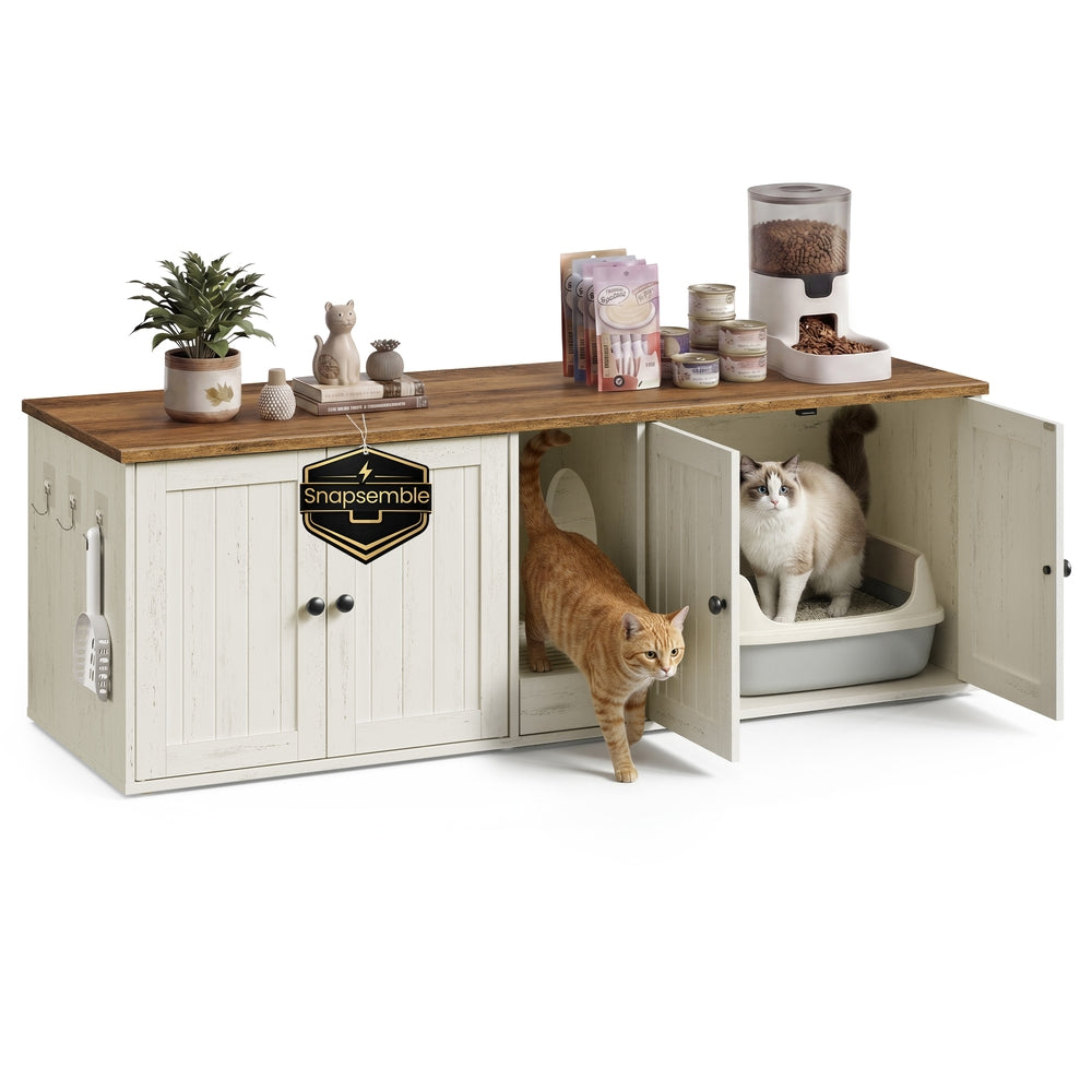 Litter Box Enclosure, Superfast Toolless Assembly, Cat Litter Box Furniture, Push-to-Open Doors, Indoor Cat House, Rustic White and Honey Brown