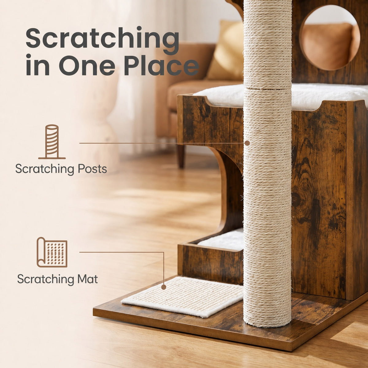 Modern Cat Tree Tower with Cat Cave, 3 Perches, Scratching Post and Mat, Removable Washable Cushions - image 5