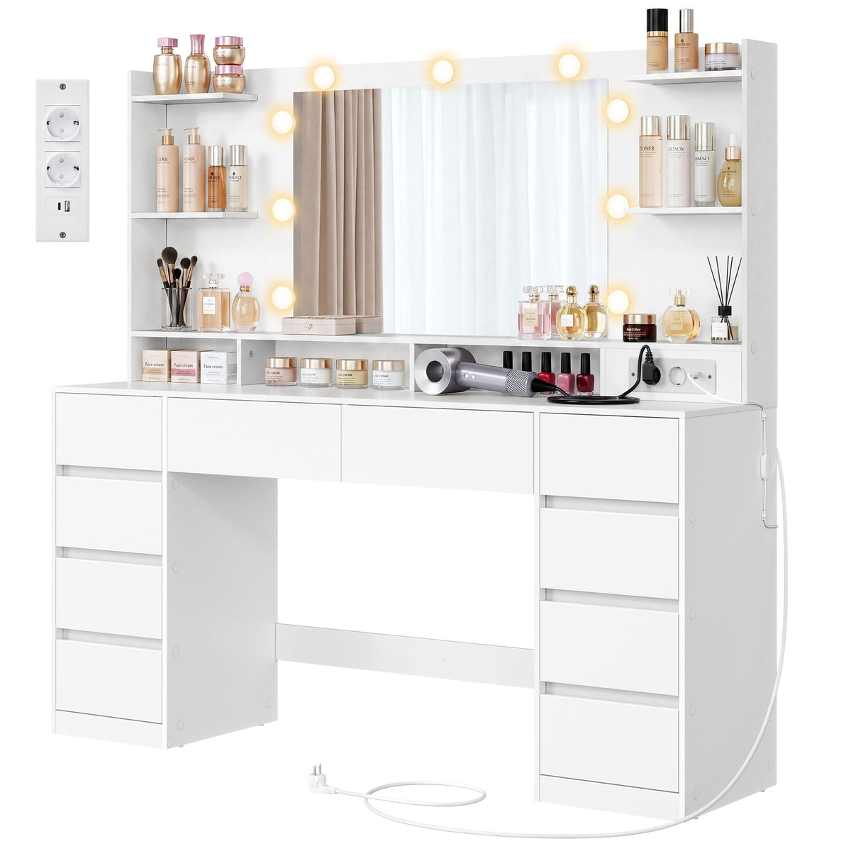 Cloud White Ten-Drawer Dressing Table with LED Mirror - image 1