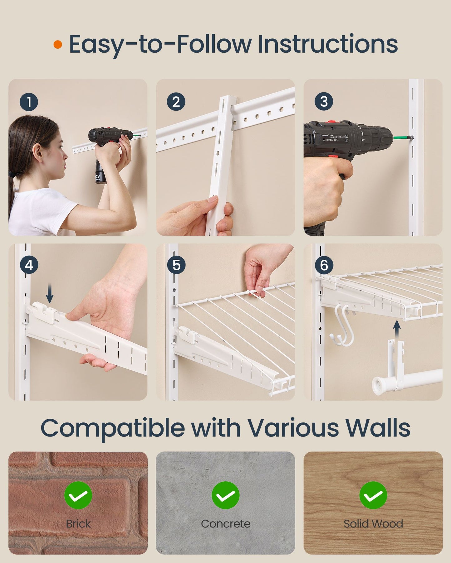 Closet Insert Organizer, 4-6 ft, with 4 Hanging Rods, 4 Shelves, Cloud White