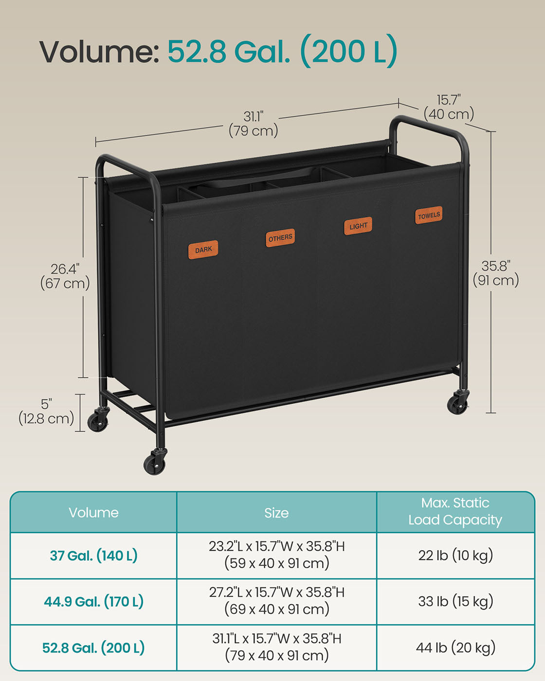 Laundry Hamper with Wheels 4-Section 52.8 Gal. Ink Black - HWLEXTRA