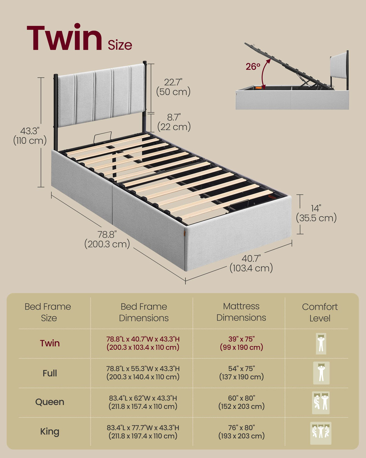 Lift Up Storage Bed Frame Twin Size, Hydraulic Platform Bed