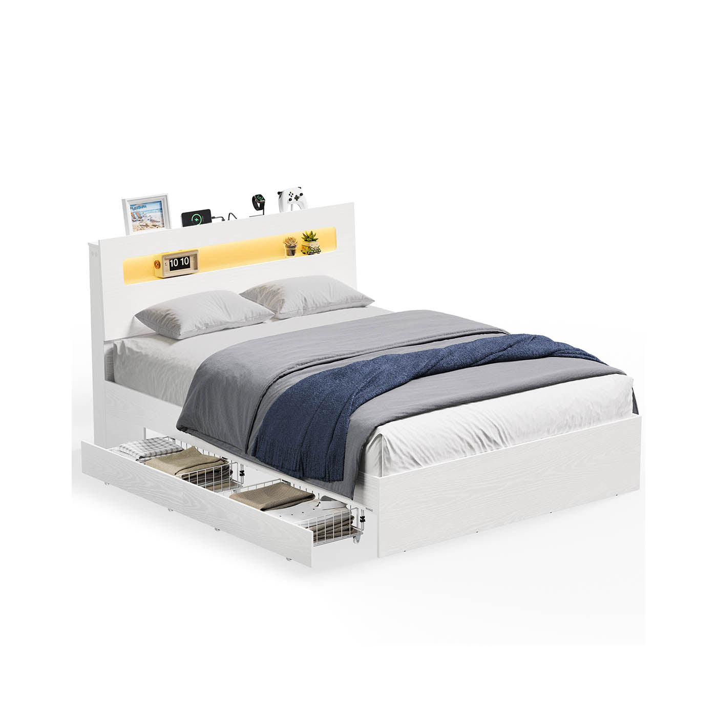 Matt White Bed Frame with Two Drawers and LED Headboard — 140 x 190 cm