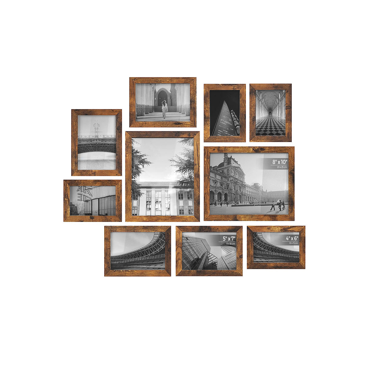 Picture Frames, Set of 10, Two 8 x 10 Inch, Four 5 x 7 Inch, Four 4 x 6 Inch, Collage Photo Frames, Clear Glass Front, Rustic Brown