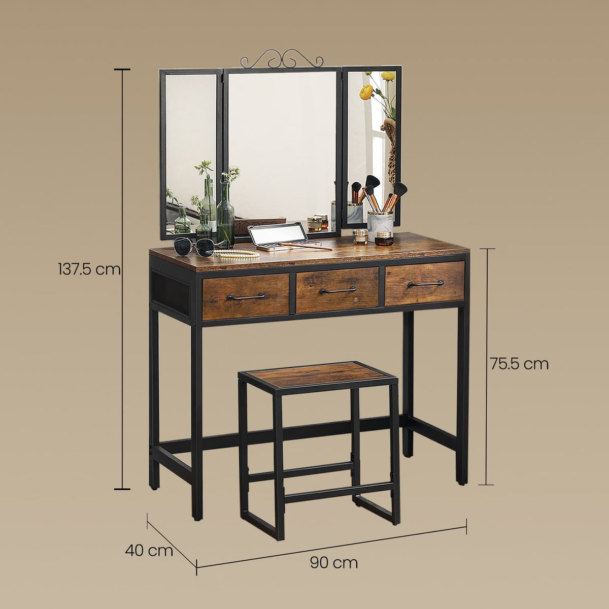 Dressing Table and Stool Set, Triple Fold Mirror, Industrial Vanity Table with 3 Drawers, Steel Frame - image 6
