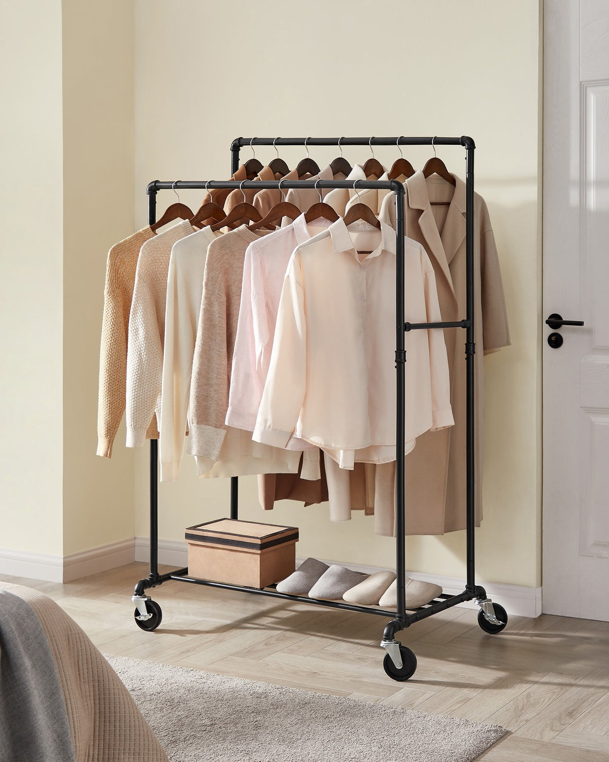 Industrial Pipe Clothes Rack Double Rail on Wheels with Commercial Grade Clothing Hanging Rack Organizer for Garment Storage Display