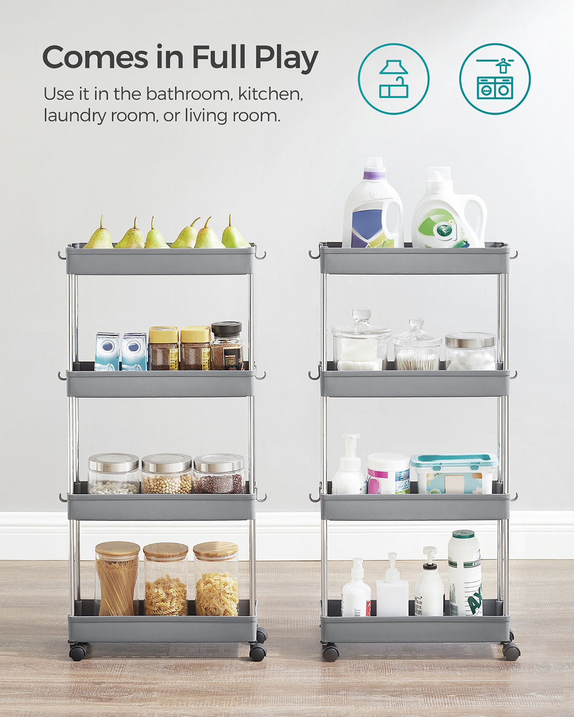 Grey 4-Tier Slim Plastic Storage Cart - image 9