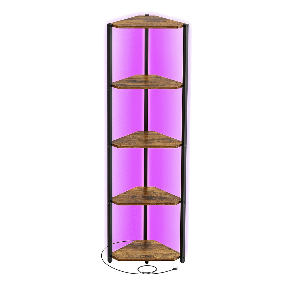 5-Tier LED Corner Shelf with Remote-Controlled Lighting, Rustic Brown - image 10