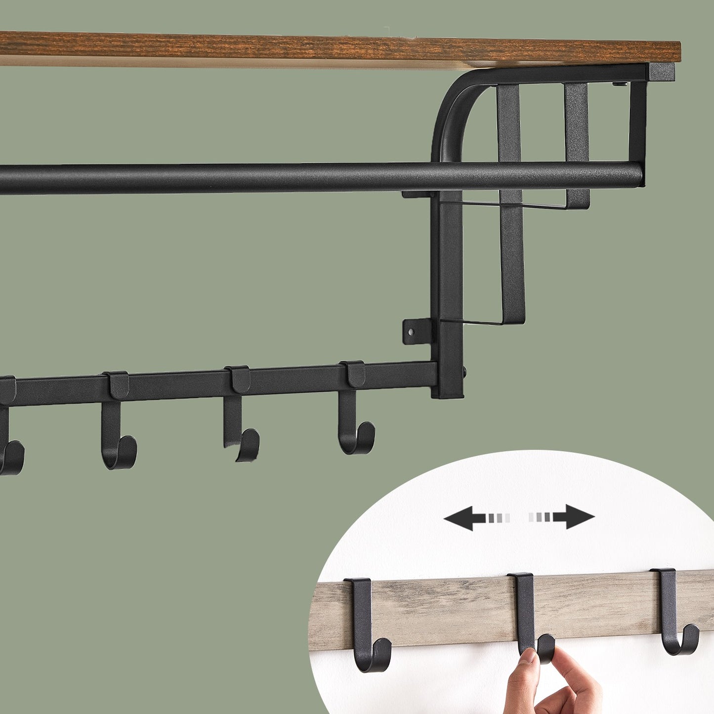 Clothes Rail with 5 Removable Coat Hooks, Floating Shelf with Hanging Rail, Coat Rack Wall-Mounted - image 12