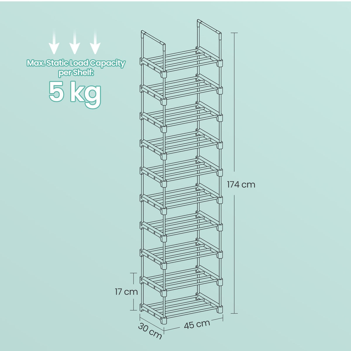 10-Tier Shoe Organiser, Adjustable Metal Shoe Storage Rack, for Hallway or Dressing Room, Black - image 5