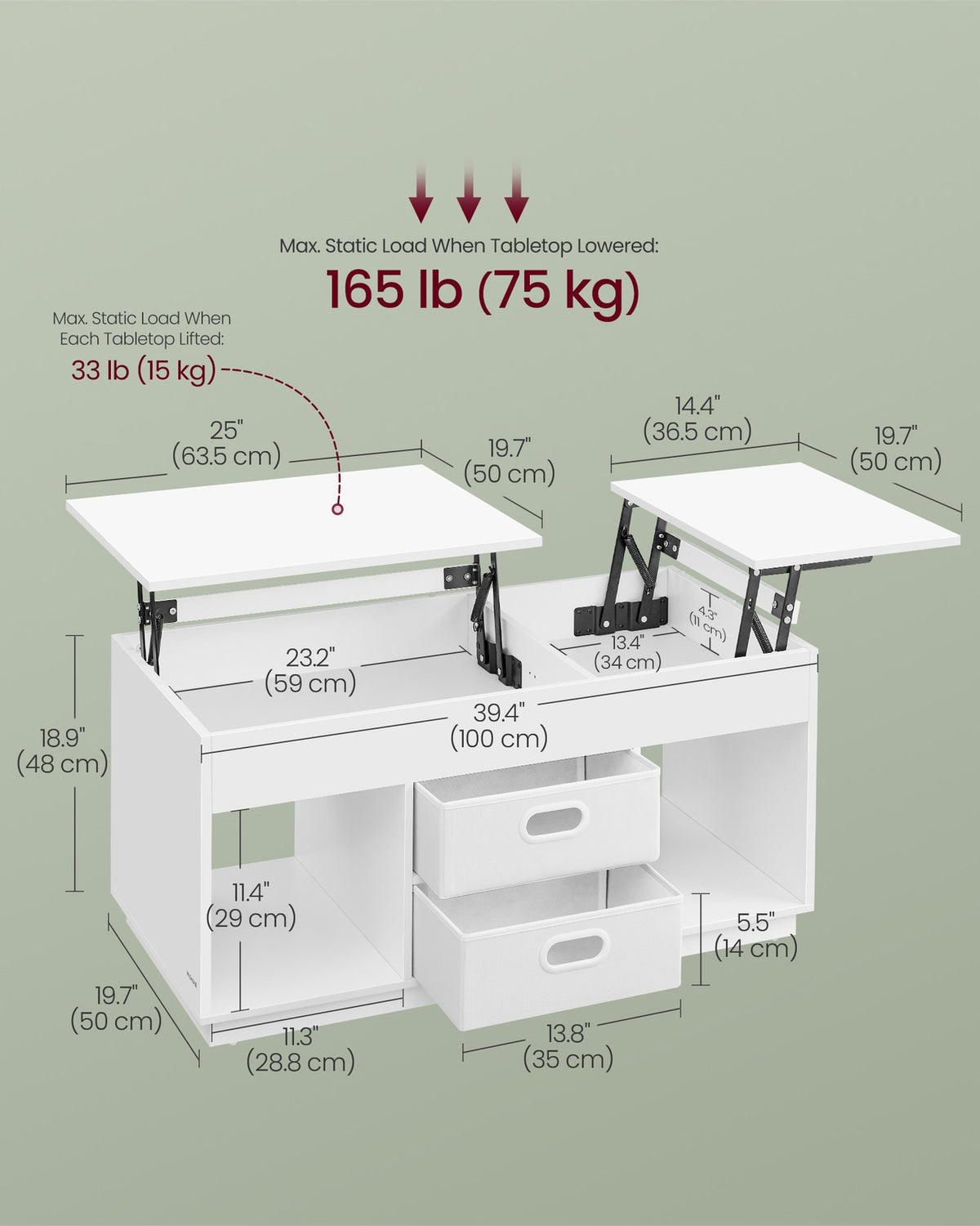 Lift Top Coffee Table with 2 Drawers Snow White - image 6