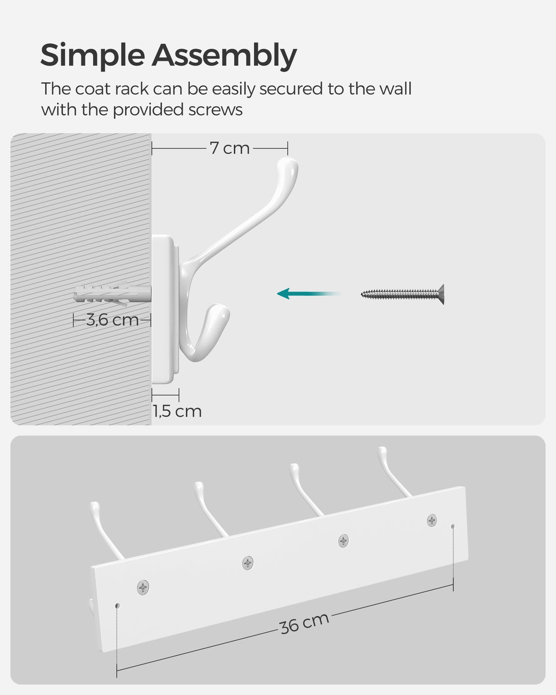 Wall-Mounted Coat Rack, 4 Tri-Hooks, White - image 7