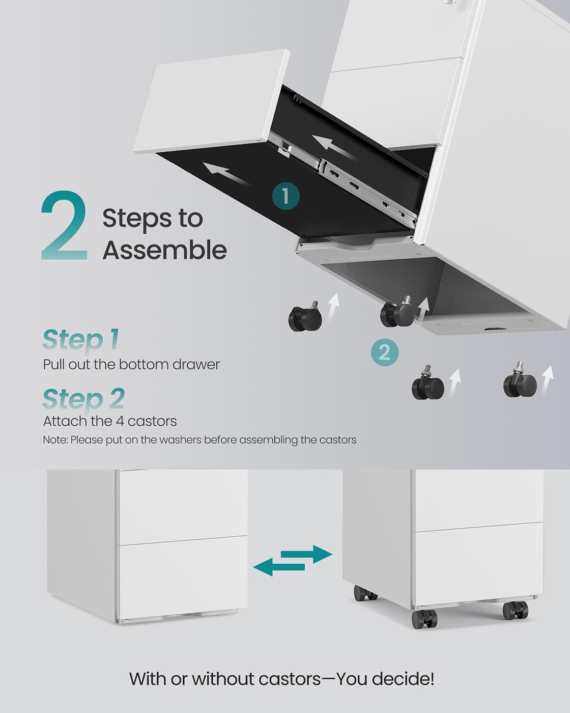 Mobile File Cabinet with 3 Lockable Drawers Pre-Assembled Matte White - image 7