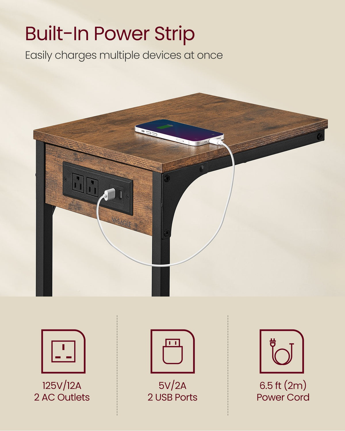 C-Shaped Side Table with Charging Station