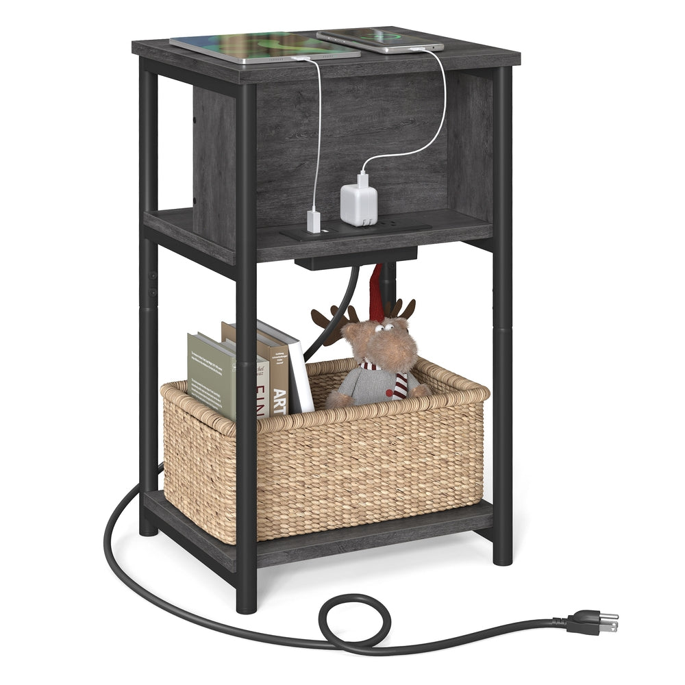 3-Tier End Table with Charging Station Chestnut Brown and Black - Misty Gray + Black