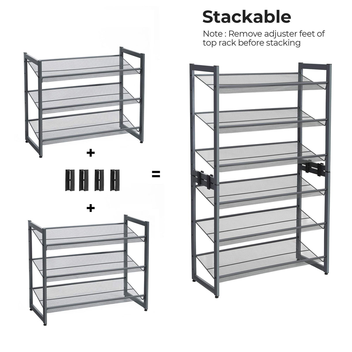 6-Tier Shoe Rack Storage, 3-Tier Shoe Racks for Closet, Set of 2, Metal Mesh, Flat or Angled Stackable Shoe Shelf Stand