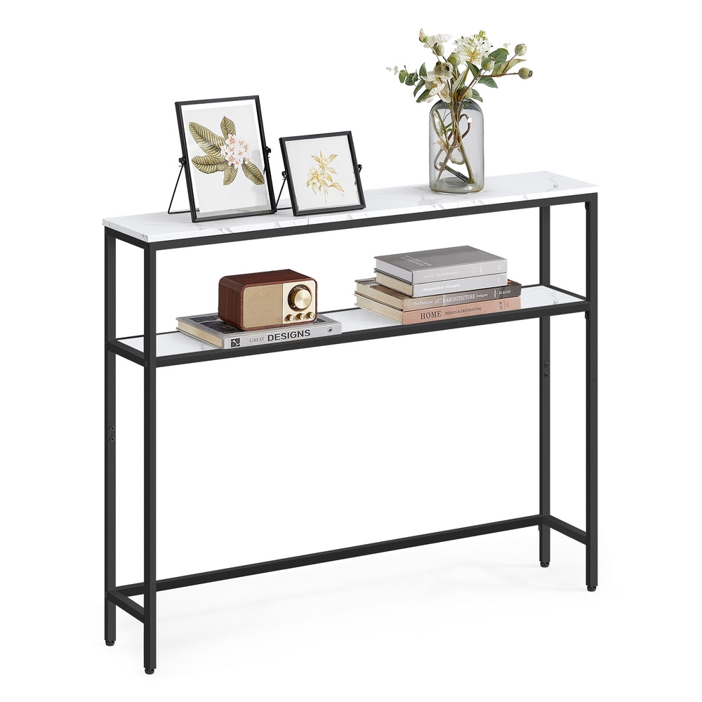2-Tier Console Table with 2 Shelves - Marble White + Ink Black / 7.9"D x 39.4"W x 31.5"H