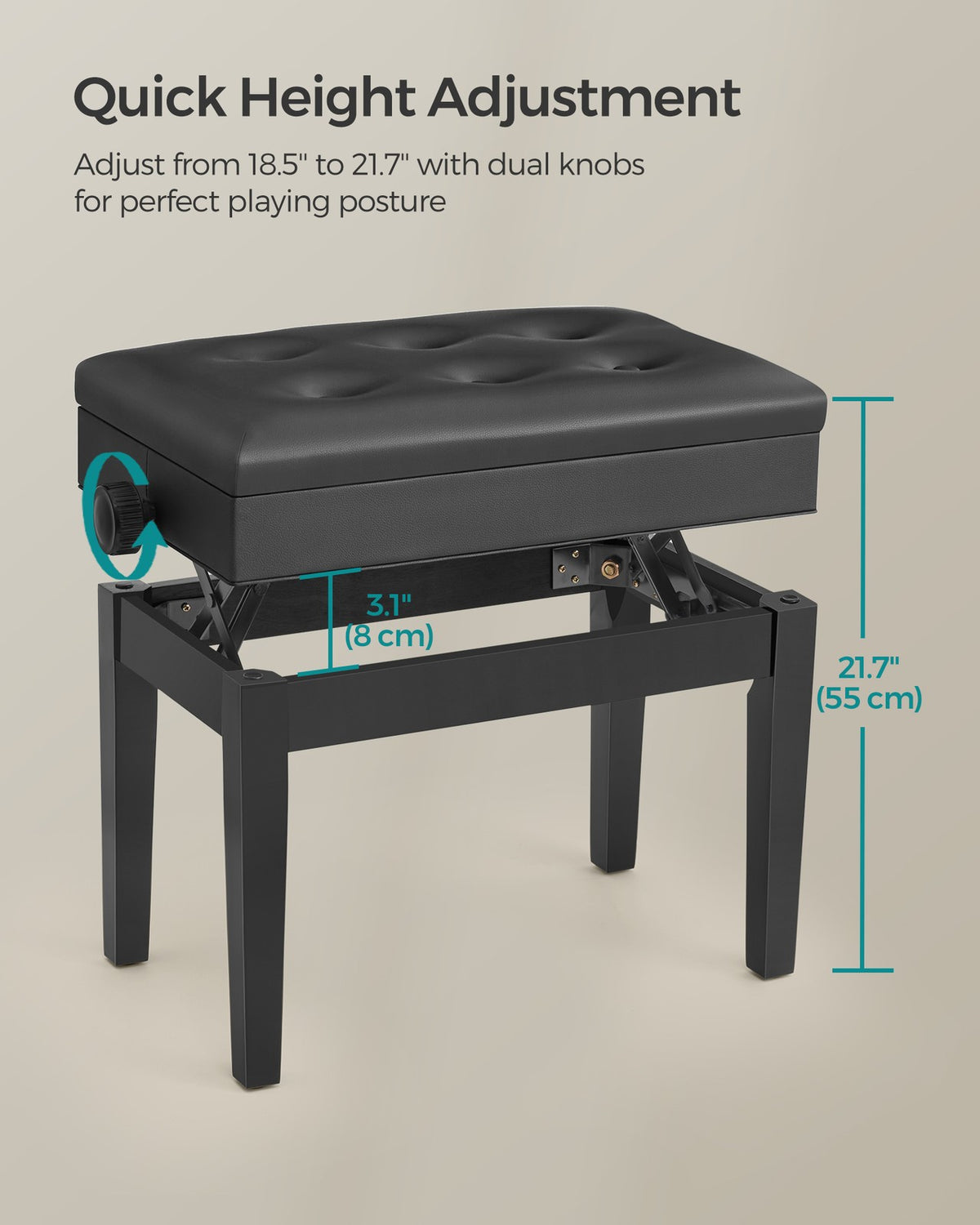 Adjustable Wooden Piano Bench Stool with Sheet Music Storage Black