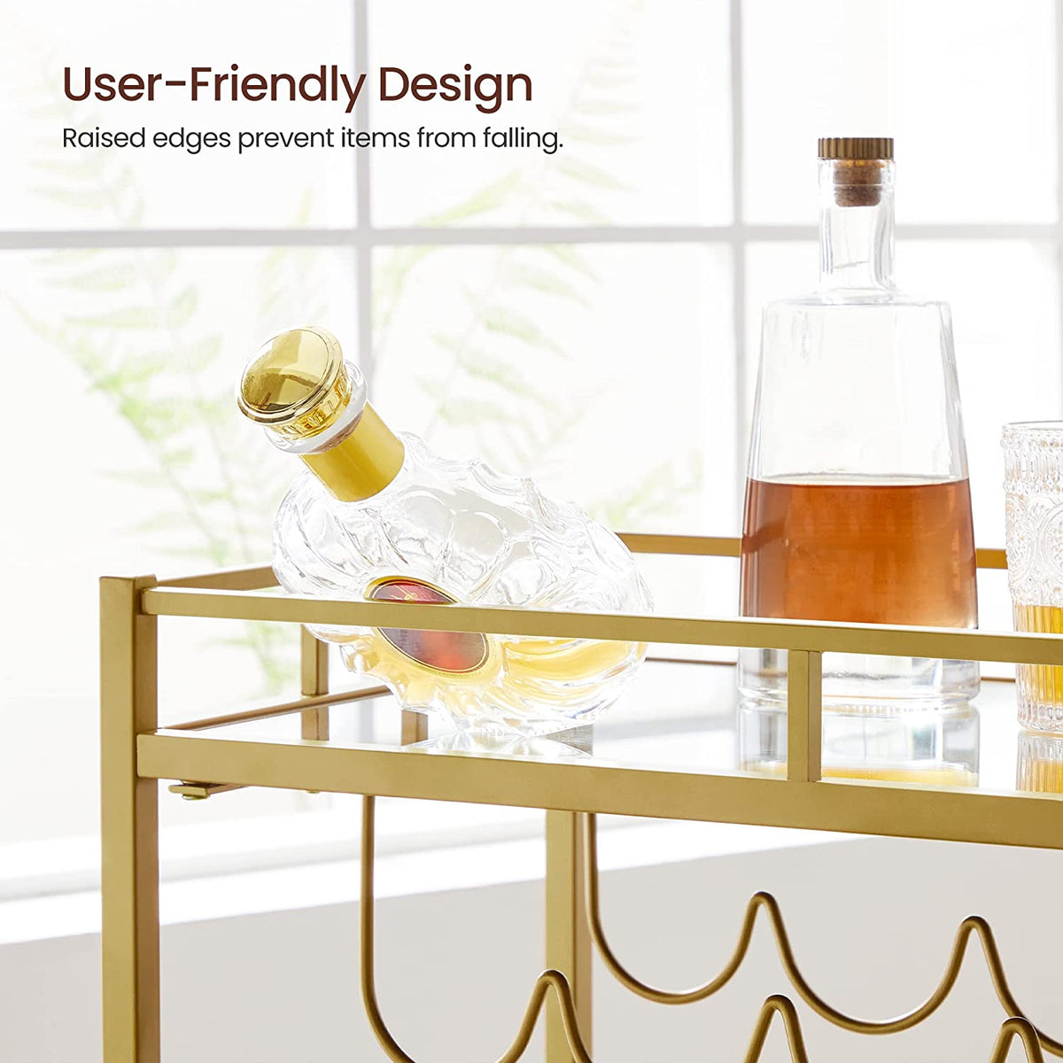 Bar Cart Gold, Home Bar Serving Cart, Wine Cart with 2 Mirrored Shelves