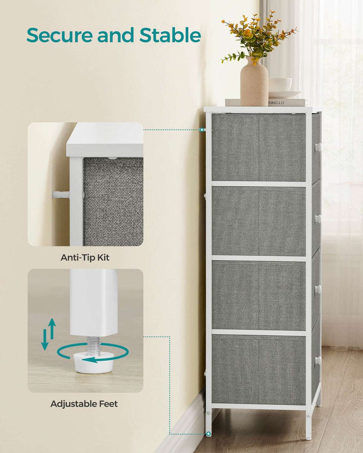Fabric Dresser for Bedroom, with 4 Drawers, Metal Frame