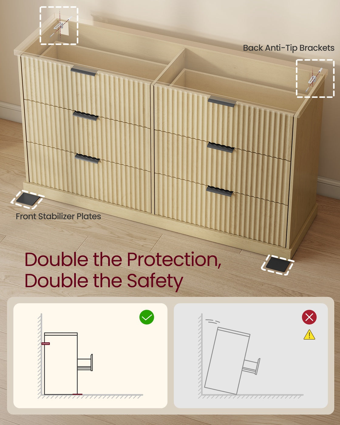 6-Drawer Dresser, Wavy Front, 54" Wide, Particleboard/MDF, Camel Yellow, Bedroom Storage