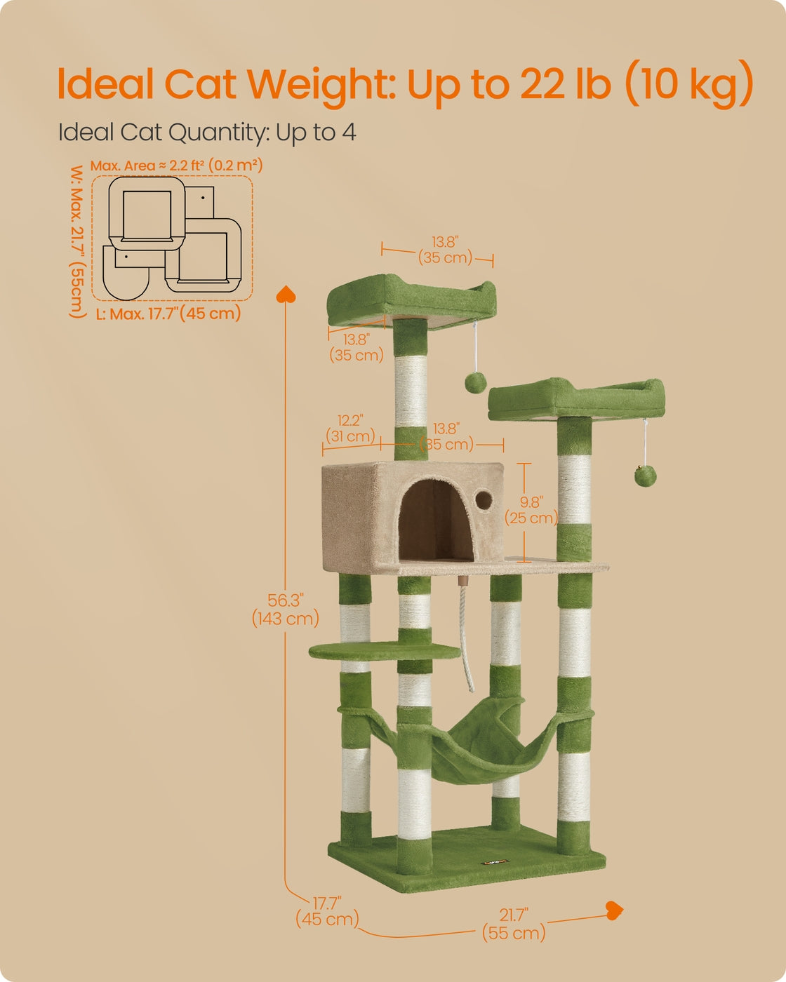 56.3-Inch Cat Tree with Scratching Posts, Hammock, Plush Perch - image 14