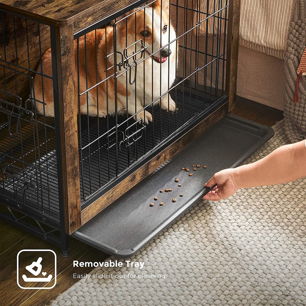 Wooden Dog Crate, Indoor Pet Crate End Table, Dog Furniture with Removable Tray, Rustic Brown and Black