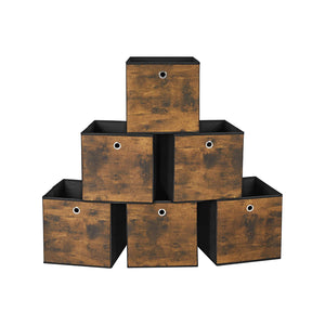 Foldable Storage Organizer Boxes, 11.8 x 11.8 x 11.8 Inches Storage Cubes, Set of 6 Clothes Organizer, Toy Bins, with Non-Woven Fabric, Oxford Fabric, Rustic Brown and Black URFB102B01