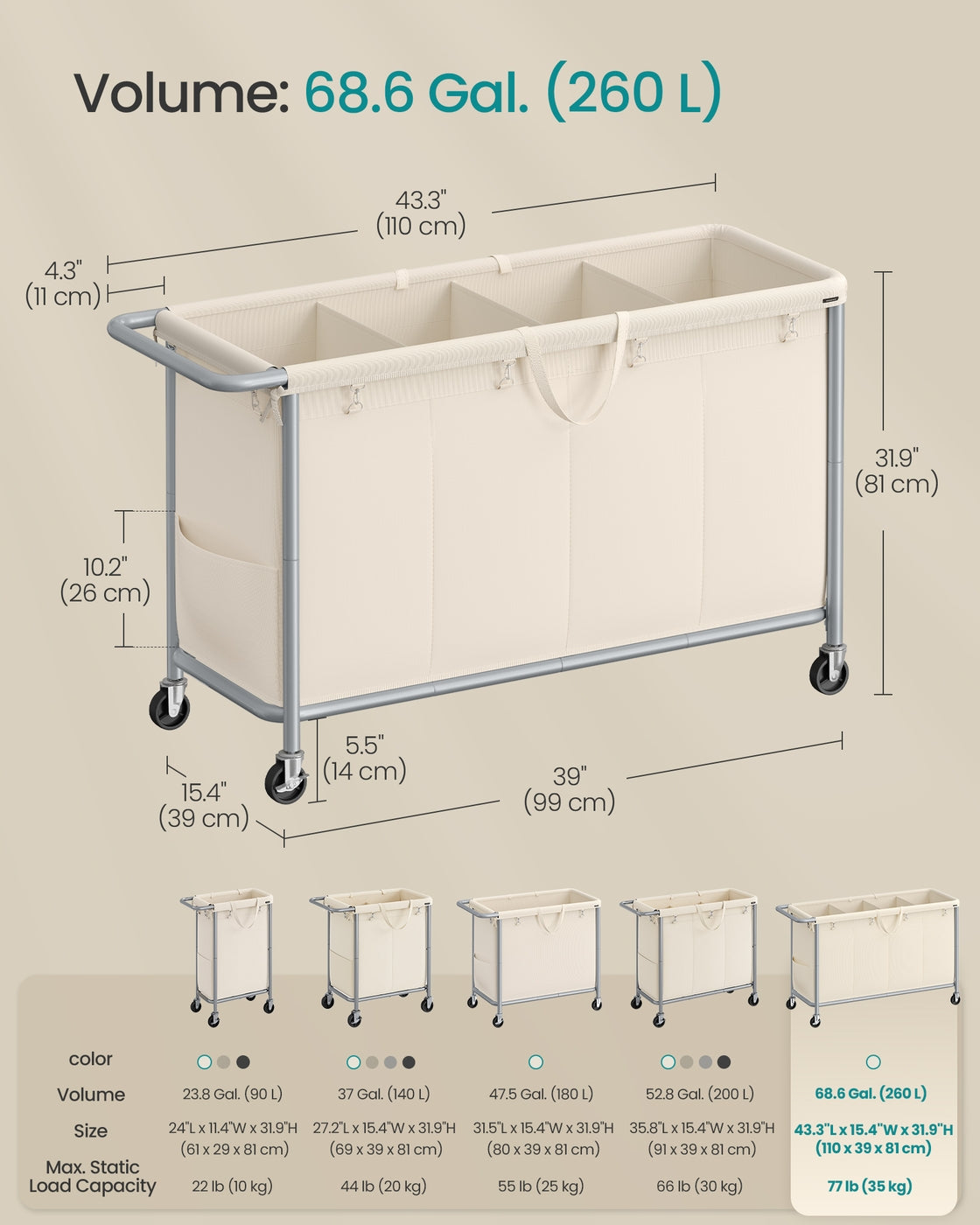 37 Gallons 2-Section Laundry Basket with Wheels with Removable Liner and Handle Cream White - image 35