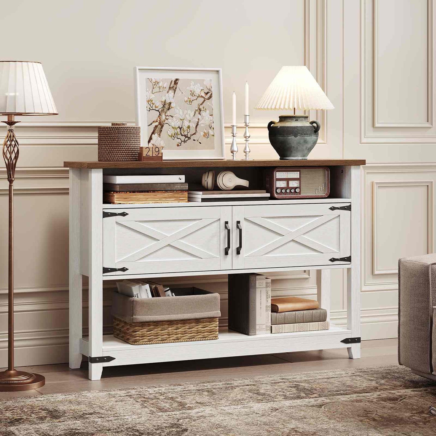 Farmhouse Entryway Table with Storage - White & Walnut
