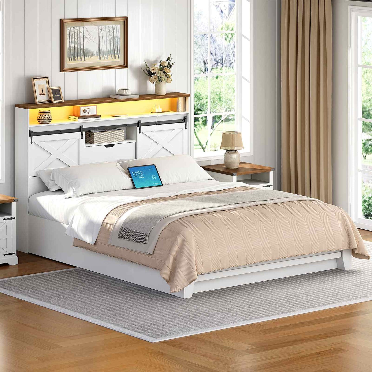 Headboard Queen Size with Storage Charging Station - White & Walnut