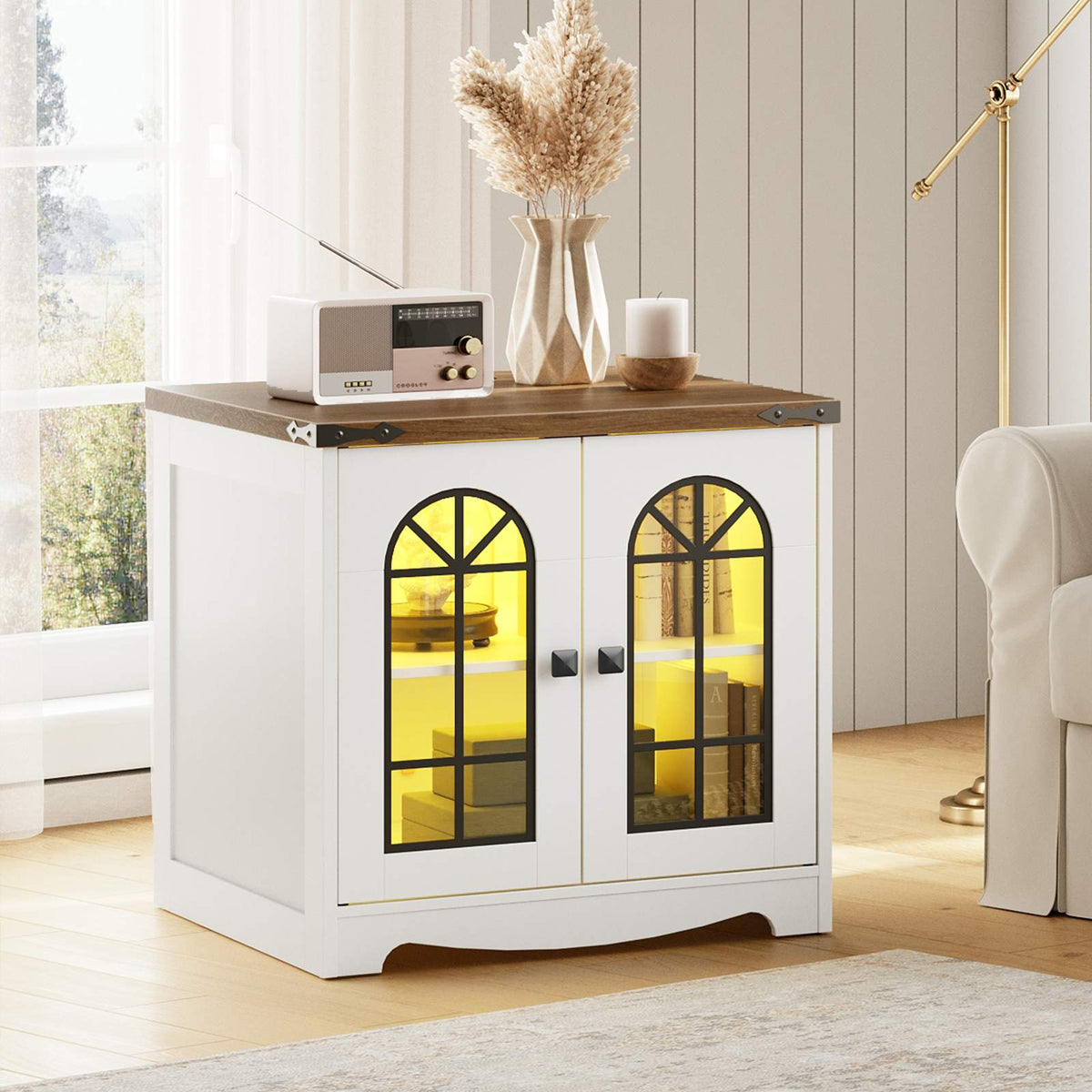 Farmhouse End Table Charging Station - White & Walnut