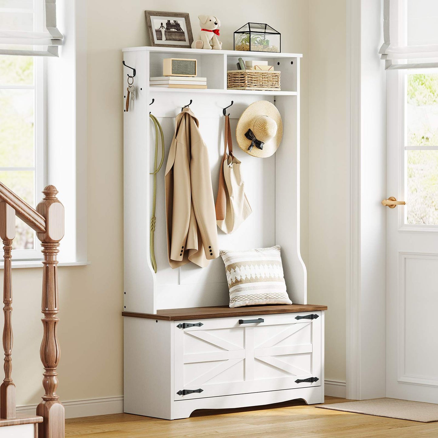 Hall Tree with Bench - White & Walnut