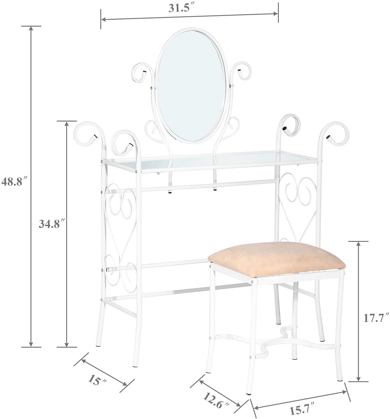 Classic Metal Set Bedroom Vanity with Glass Table Stool and Adjustable Mirror (White)
