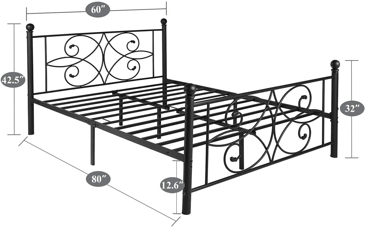 Metal Bed Frame with Headboard and Footboard, Iron Mattress Foundation No Box Spring Needed
