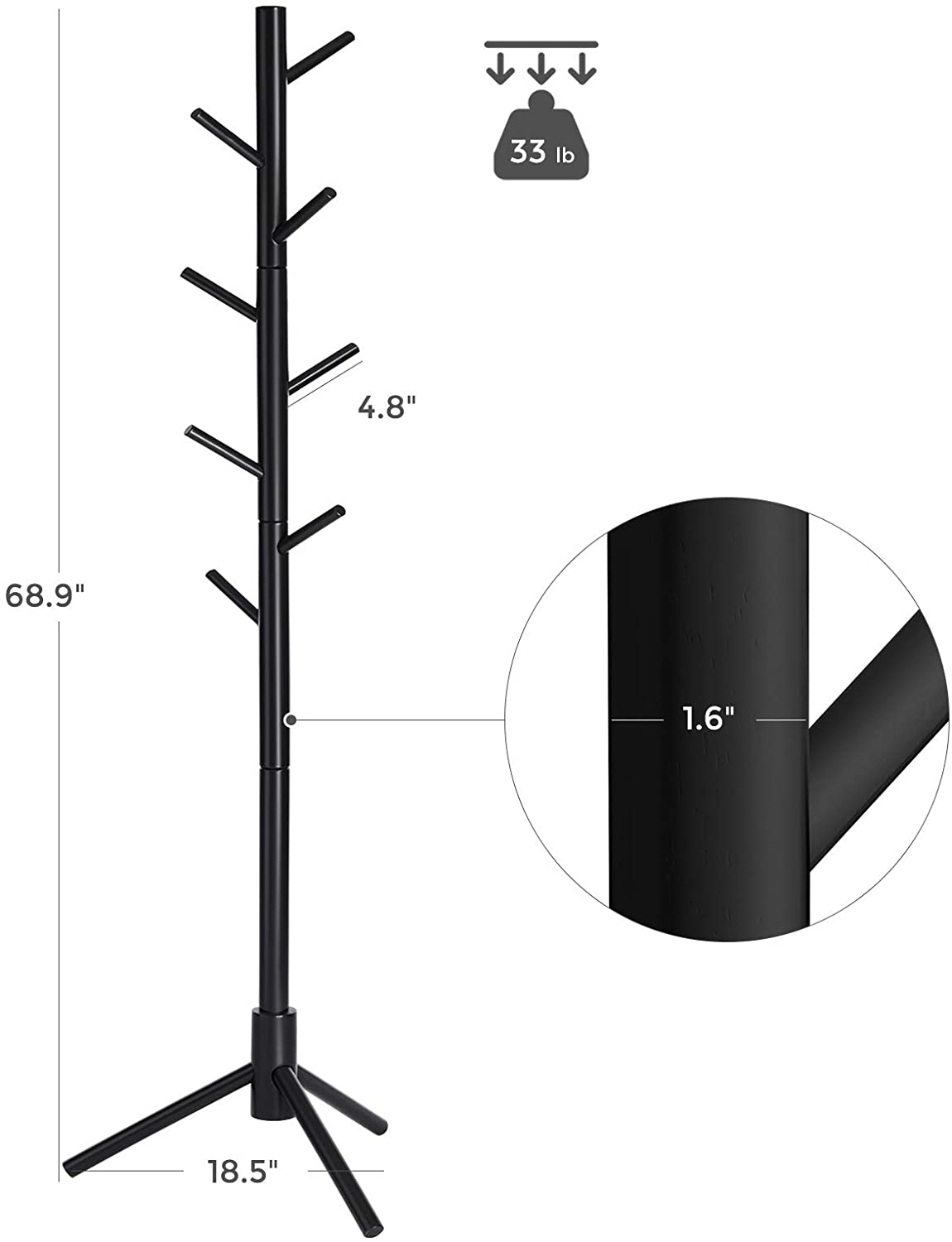 Coat Rack Freestanding, Coat Tree, Solid Wood Coat Stand with 8 Hooks for Coats, Rubberwood, Black