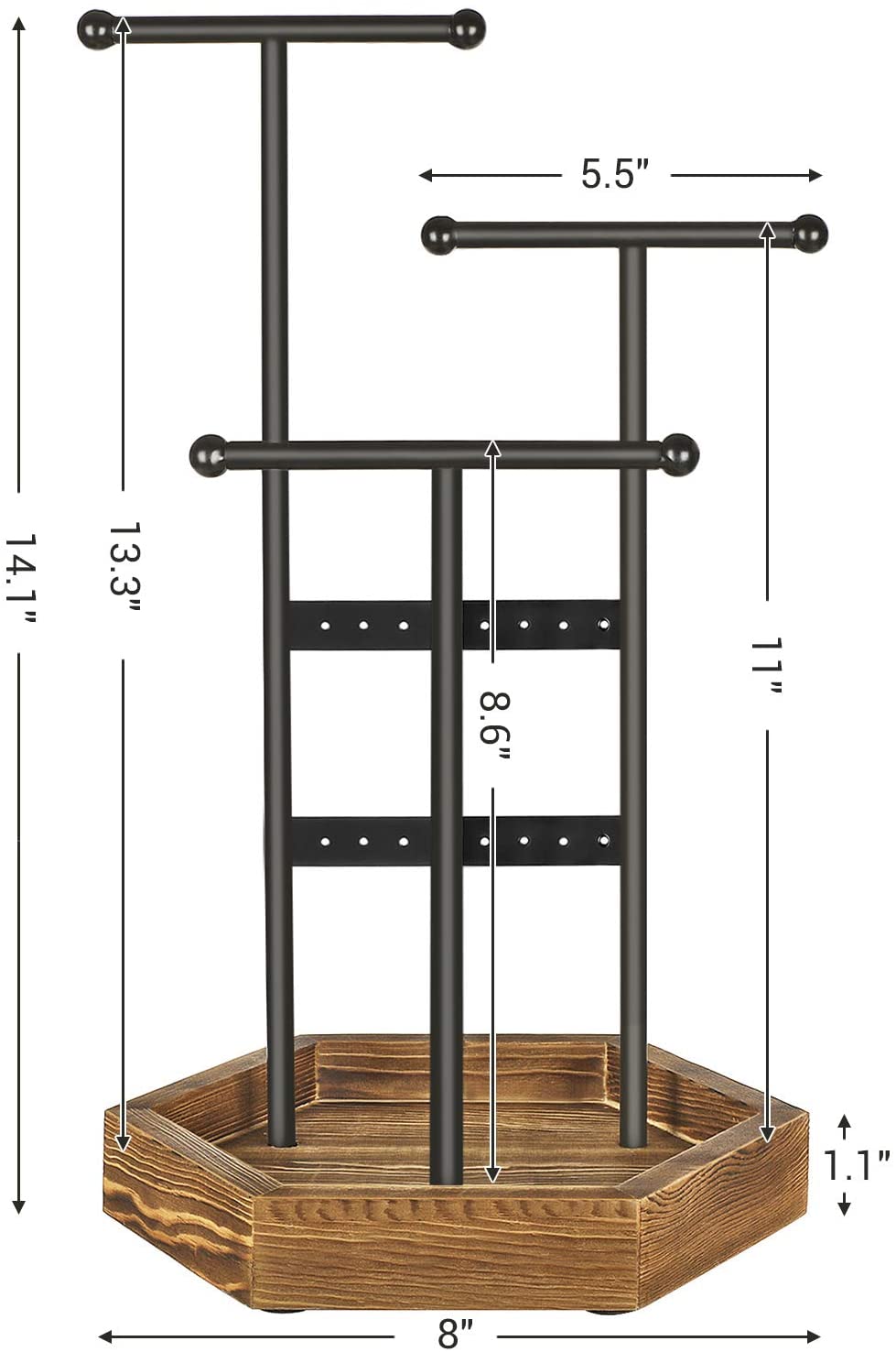Jewelry Display Stand Holder, Metal and Wood Jewelry Tree, for Necklaces, Bracelets, Earrings, Studs, Rings