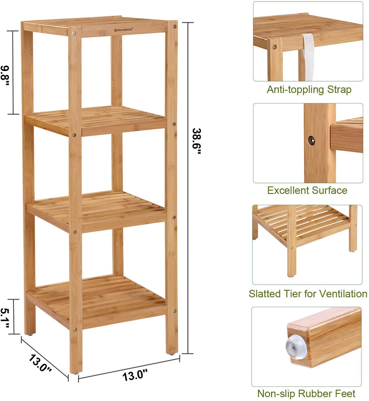 100% Bamboo Bathroom Shelf, 4-Tier Multifunctional Storage Rack, Shelving Unit 38.6" x 13" x 13"