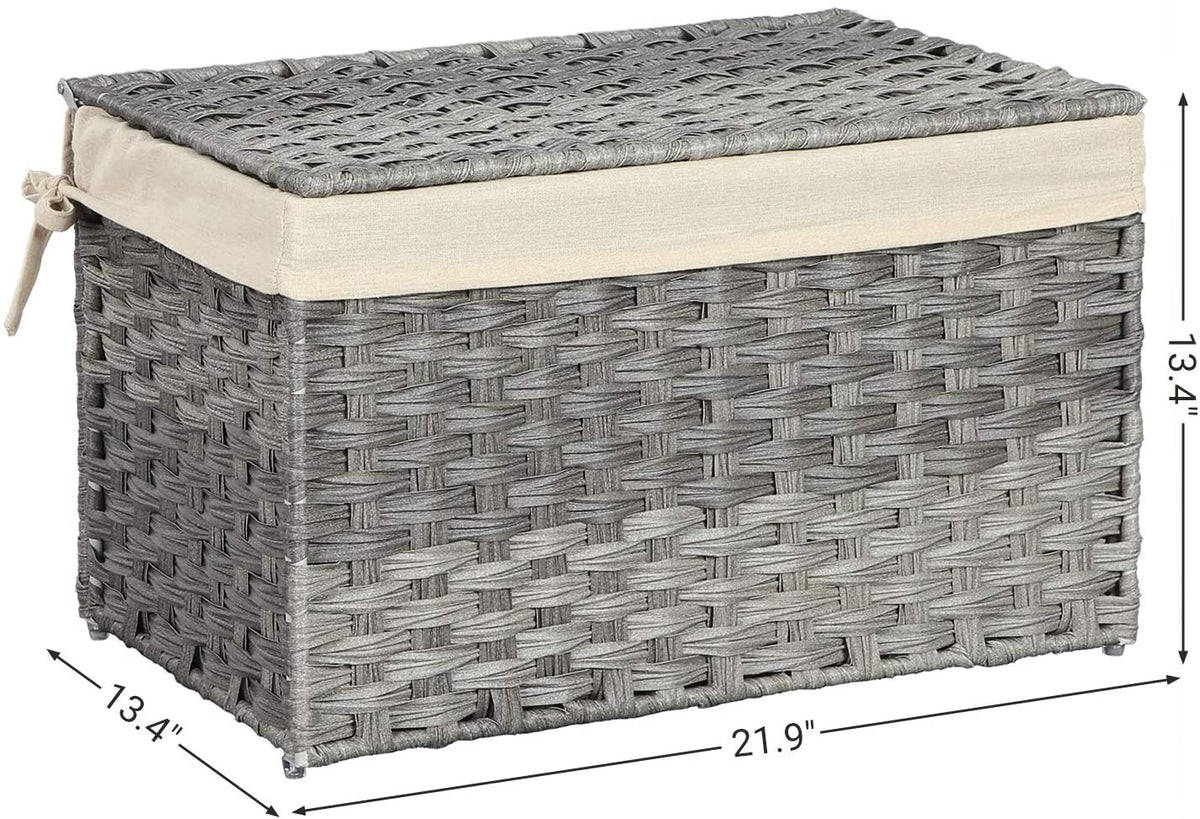 Storage Basket with Lid, Rattan-Style Storage Trunk with Cotton Liner and Handles, for Bedroom Closet Laundry Room, 21.9 x 13.4 x 13.4 Inches