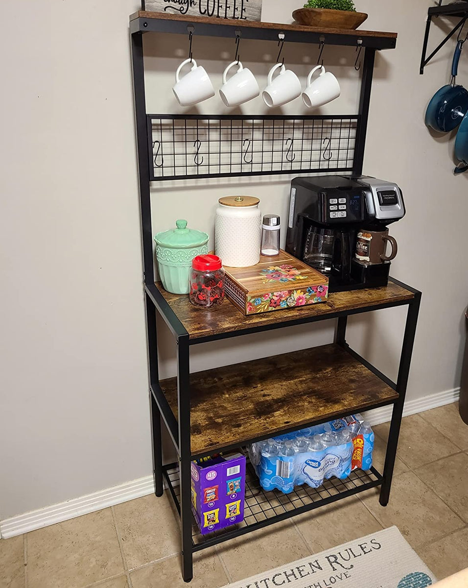 VASAGLE Bakers Rack, Coffee Bar, Kitchen Storage Shelf Rack with 10 Hooks, 3 She