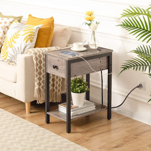 Side Table with Charging Station, Narrow Nightstand with Drawer & USB Ports & Power Outlets, End Table